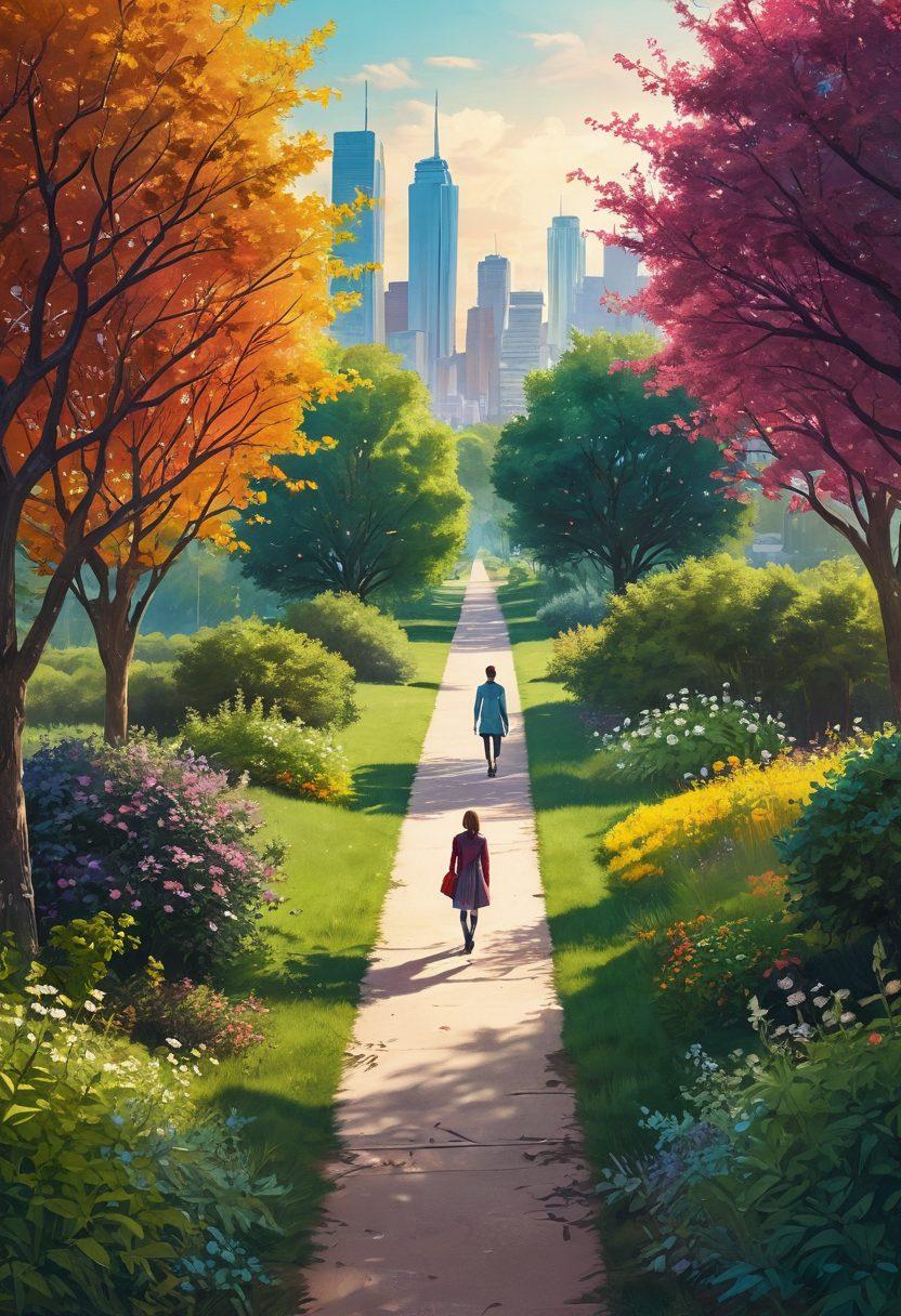 A whimsical scene depicting a person at a crossroads, with one path leading to a vibrant city representing a career filled with opportunities and the other leading to a lush, romantic garden symbolizing love and passion. The person stands thoughtfully, looking between the two paths, with emotions of joy and contemplation visible. Soft sunlight filters through the branches, creating a hopeful atmosphere. artistic illustration. vibrant colors. whimsical style.