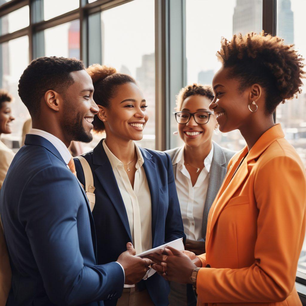A heartfelt scene of a diverse group of professionals networking at a career fair, with subtle romantic undertones. Each individual is showcasing their talents, and a couple is seen sharing a smile amid the crowd, symbolizing love blossoming from career pursuits. The background features inspirational career posters and a soft focus on a city skyline through a window. Bright and warm color palette. super-realistic. vibrant colors.