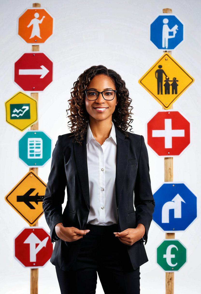 A confident professional woman standing at a crossroads, symbolizing career decisions, surrounded by signs of different professions and trends in the background. A radiant sun rising behind her, symbolizing new opportunities and positivity in the workplace. Include elements like laptops, charts, and happy colleagues collaborating. super-realistic. vibrant colors. white background.